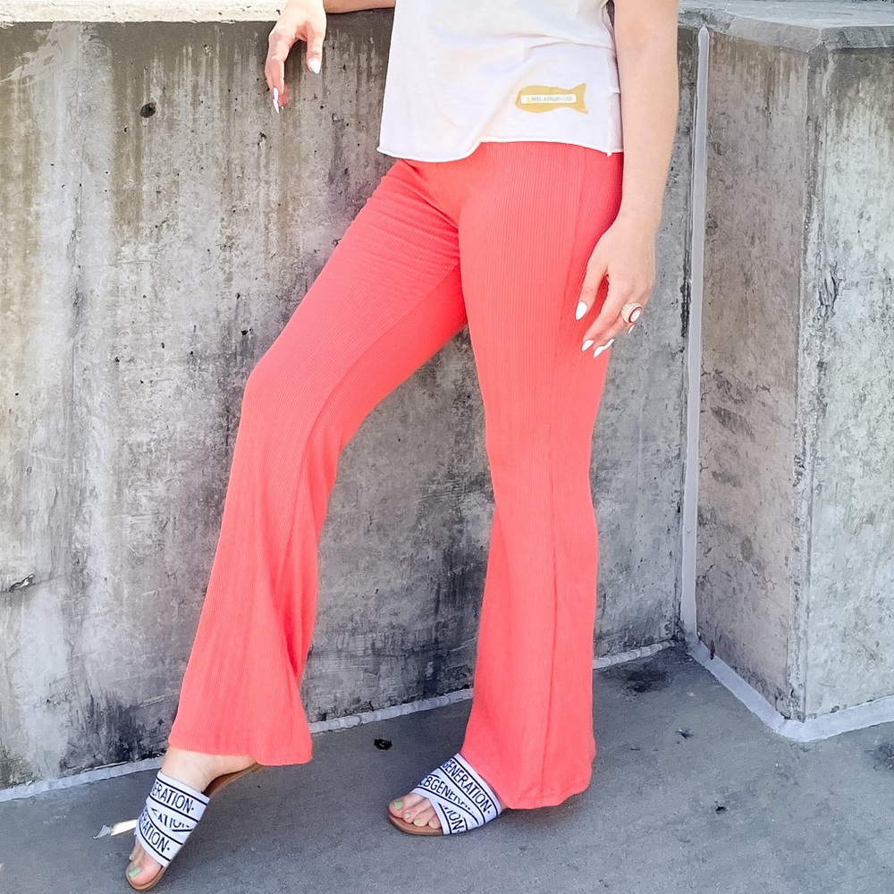 Coral color stretchy ribbed pants
